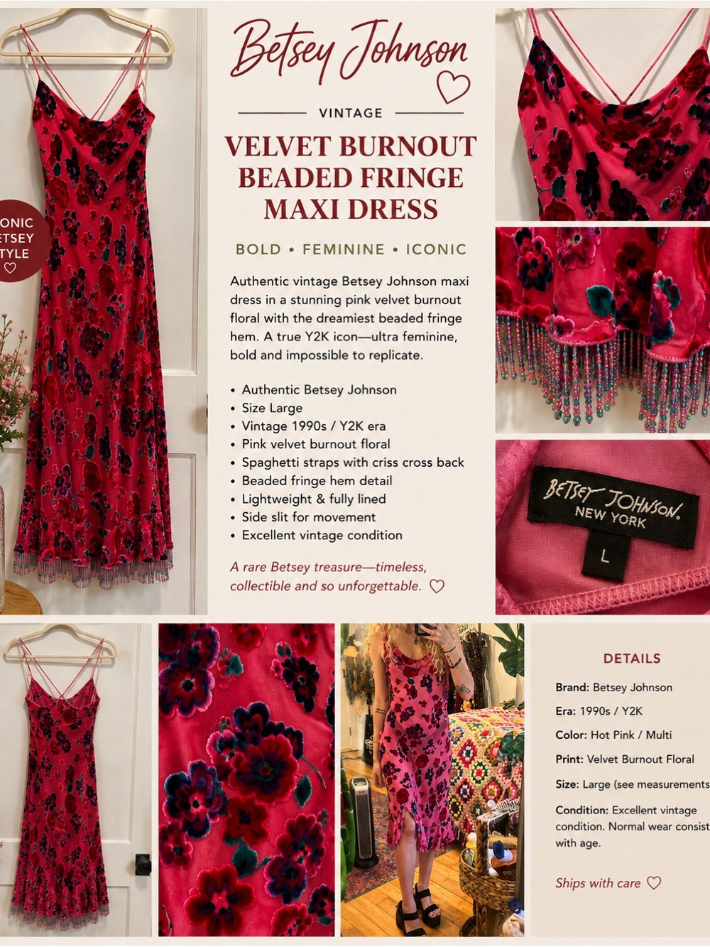 Vintage Betsey Johnson Hot Pink Velvet Burnout Floral Beaded Fringe Maxi Slip